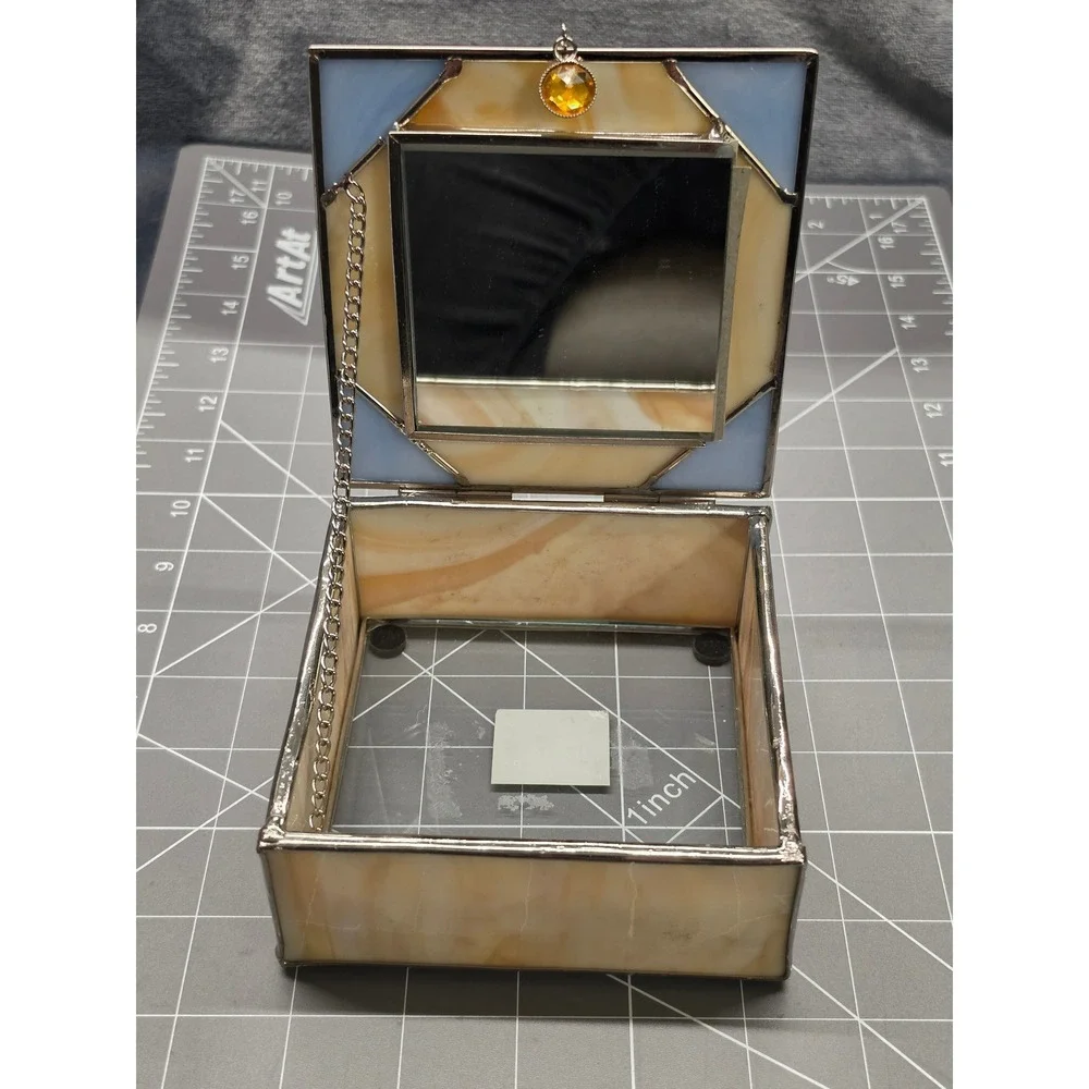 Vintage Stained Glass Jewelry Box Friends Sentiment Slag Glass Mirrored 48100